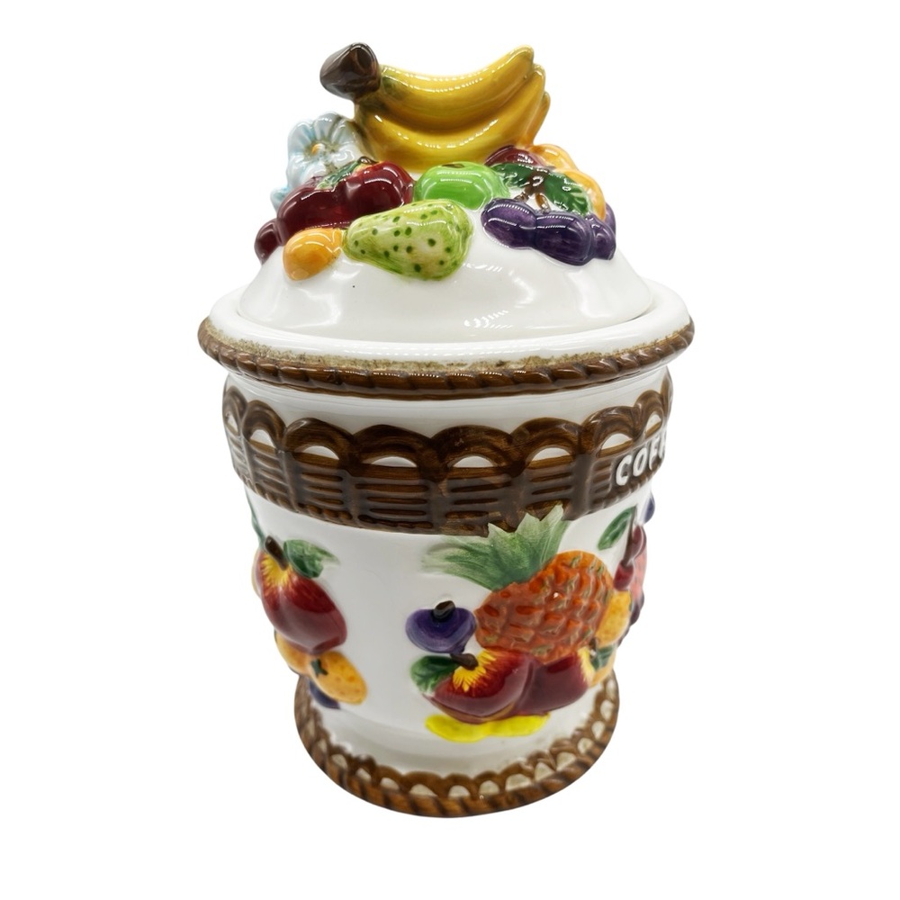Vintage Fruit Theme Collectable Coffee/Cookie Jar Ceramic  3/D Fruit Majolica